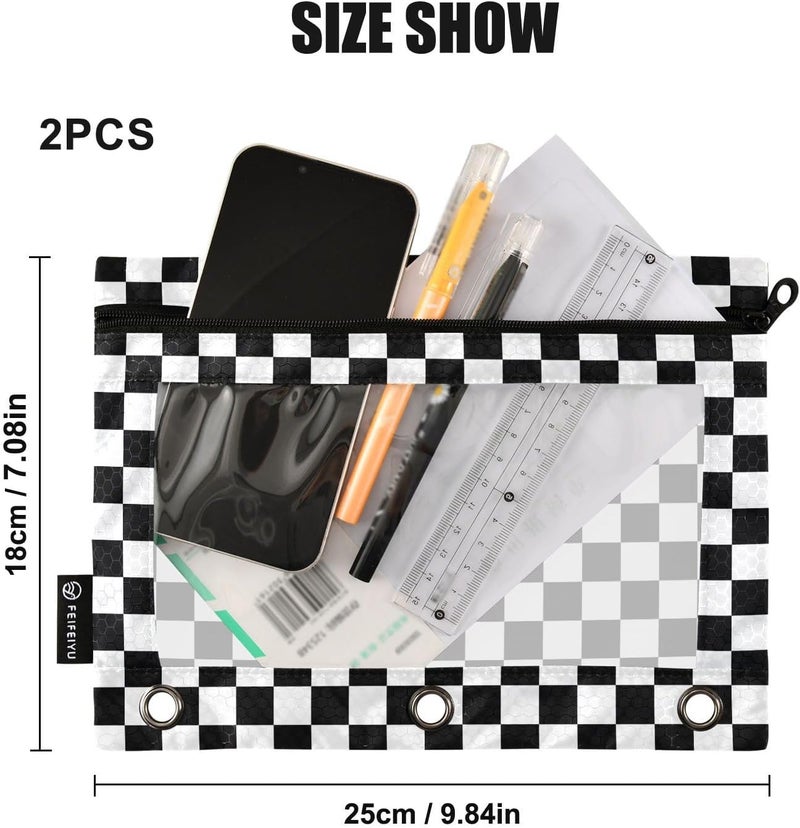 BOENLE Black White Checkered Pattern Pencil Pouch for 3 Ring Binder, 2 Pack Waterproof Pencil Bags Clear Window Pencil Case Zipper School Office Supplies - Image 3
